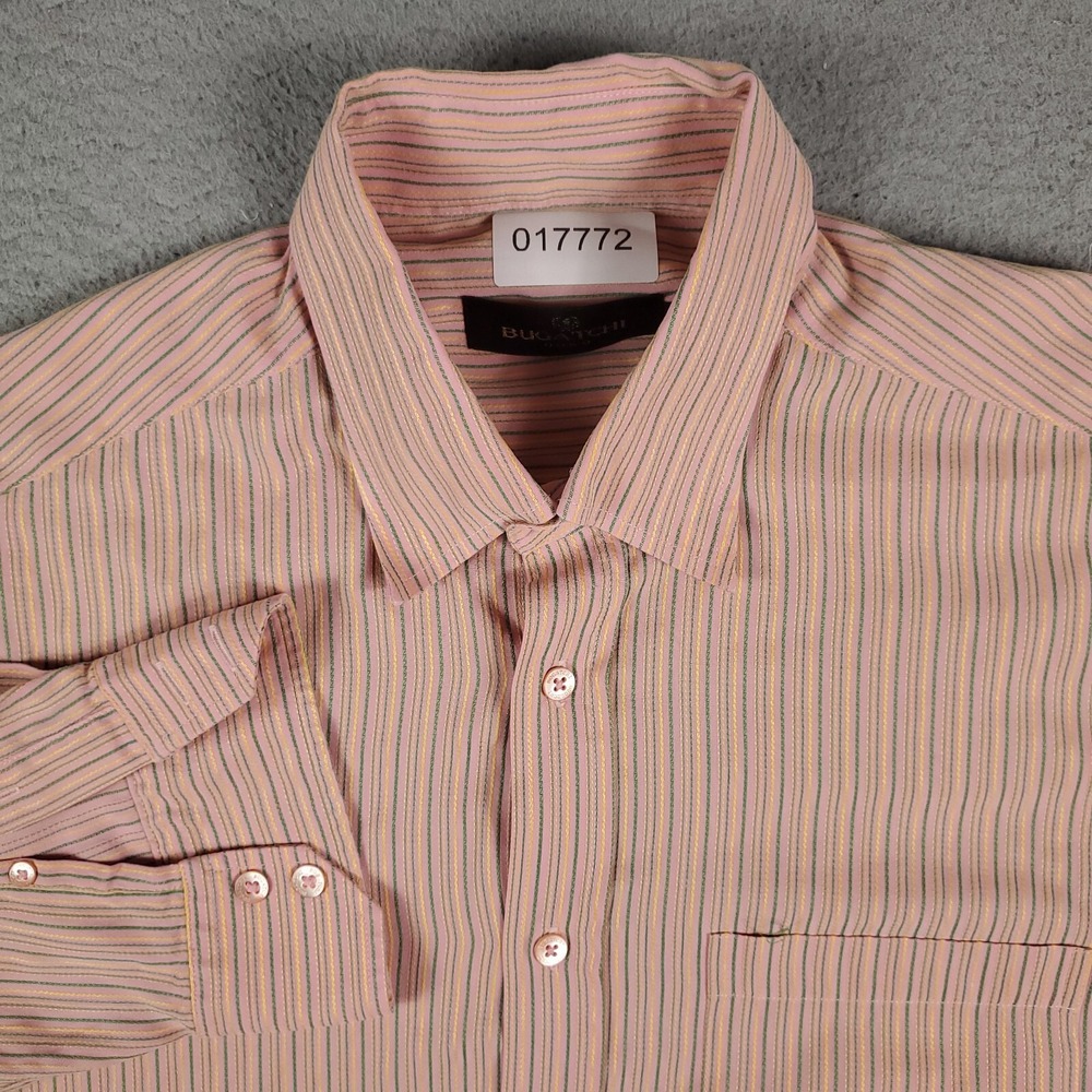 Bugatchi Uomo Shirt Mens Large Peach/Coral Striped Button Up Long Sleeve